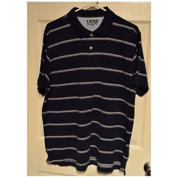 IZOD Heritage Polo Men's Short Sleeve Collared Shirt Navy Blue w/ Stripes Size L - Picture 1 of 3